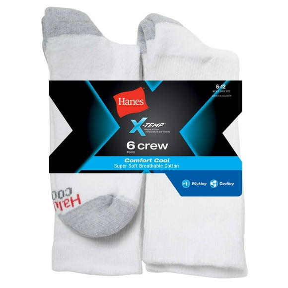Hanes Mens X-Temp Comfort Cool Crew Socks, 6-12, White, 6-12, White