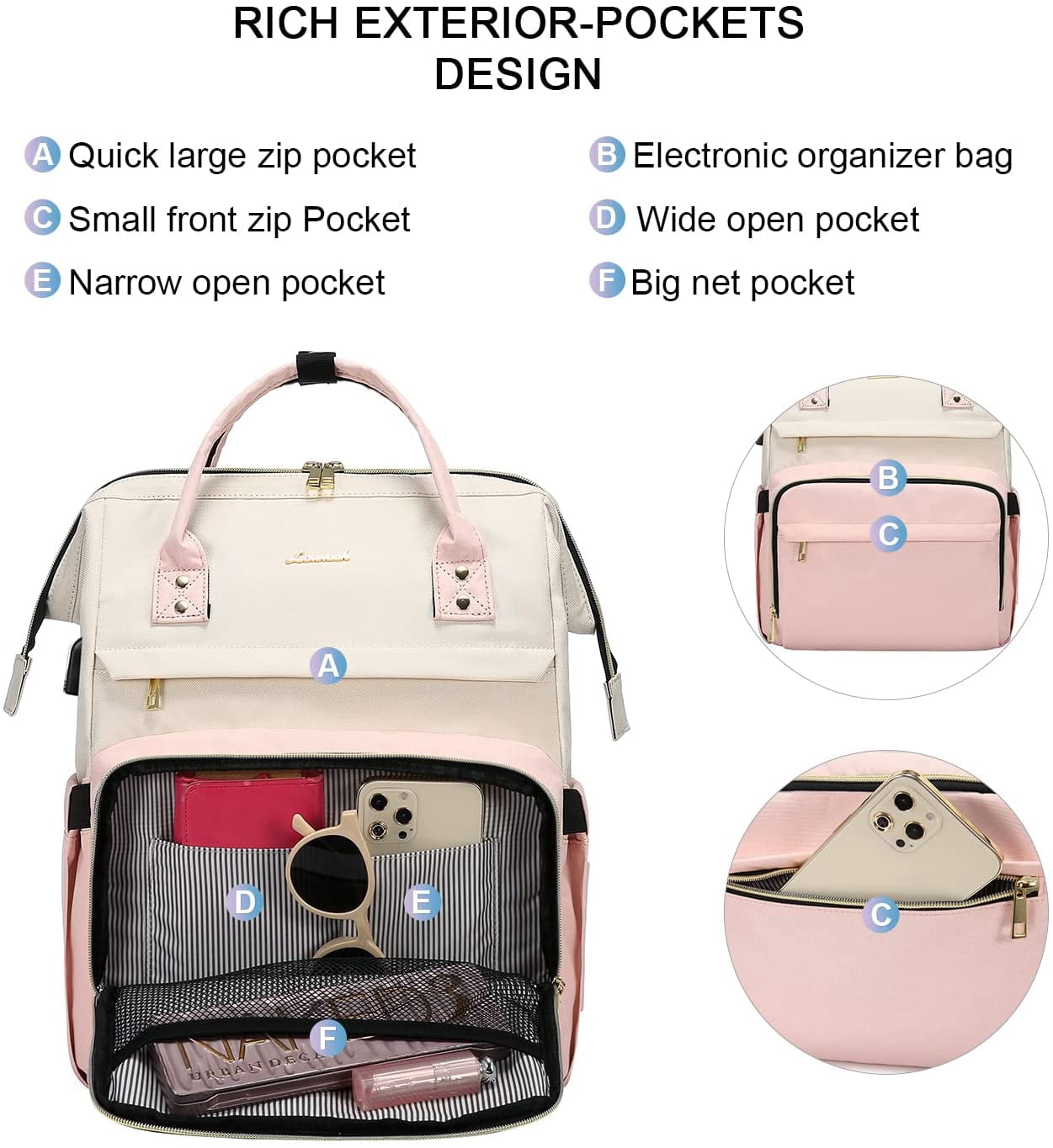 Lovevook Large Capacity 17inch Laptop Bag with Anti-Thief Pocket and USB Charging Port, Beige Pink