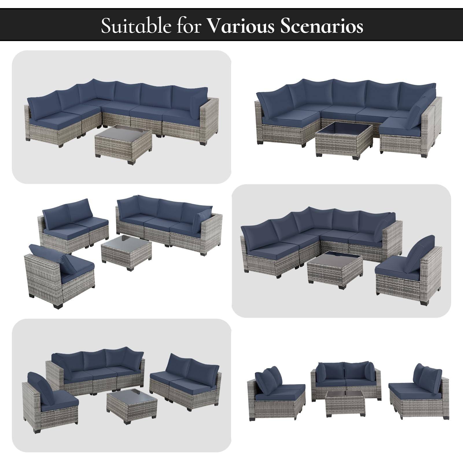 FHFO 7 Pieces Outdoor Patio Furniture Set, Outdoor Sectional Wicker Sofa with Thick Cushions All Weather Modular Rattan Conversation Couch for Outside Porch Garden Backyard Grey-Navy Blue