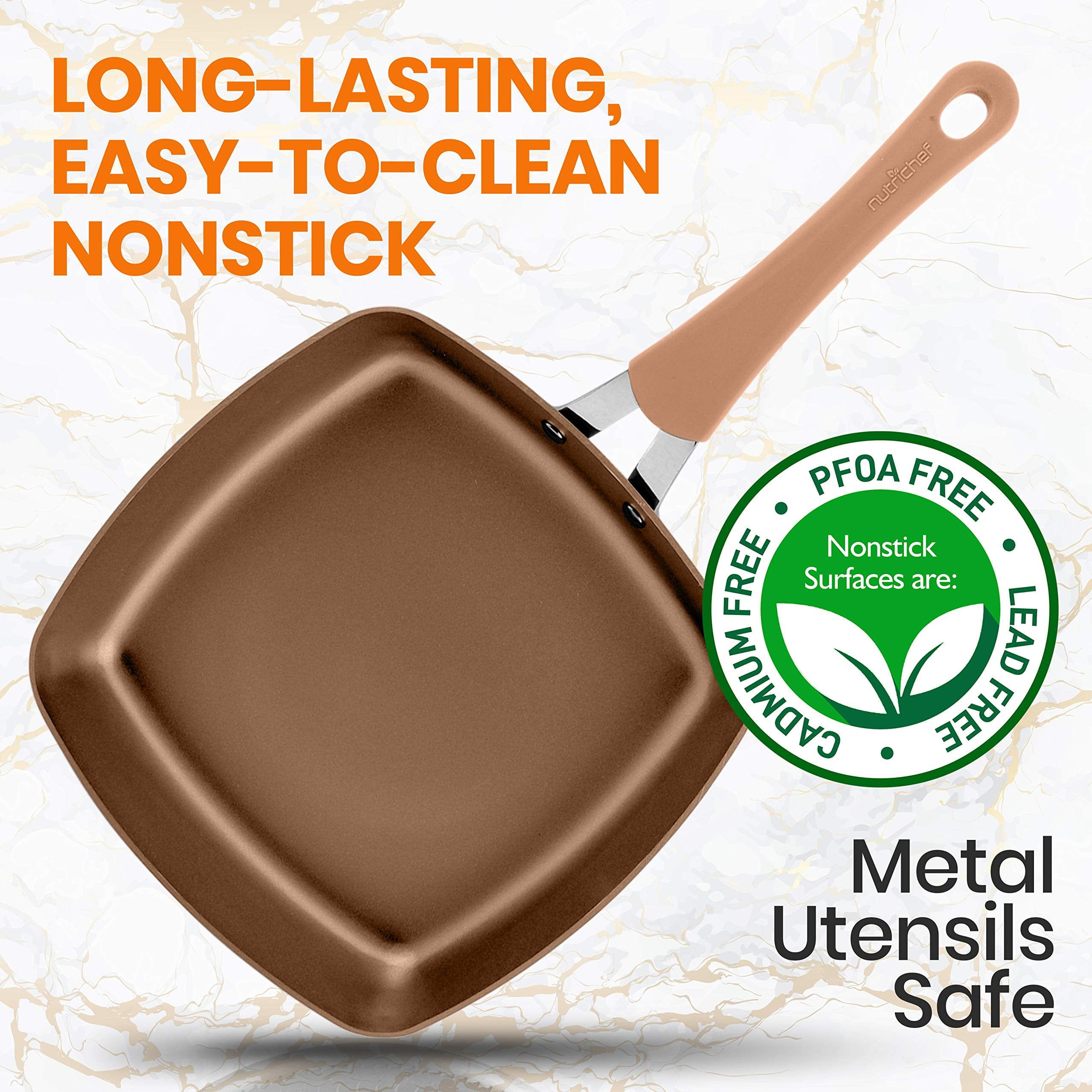 NutriChef Grill Pan 9.45'' Durable Stylish Non-Stick High-Qualified Cookware, Induction PTFE/PFOA/PFOS-Free Heat Resistant Lacquer Kitchen Ware, Compatible with Models: NCCW14S & NCCW20S, 1