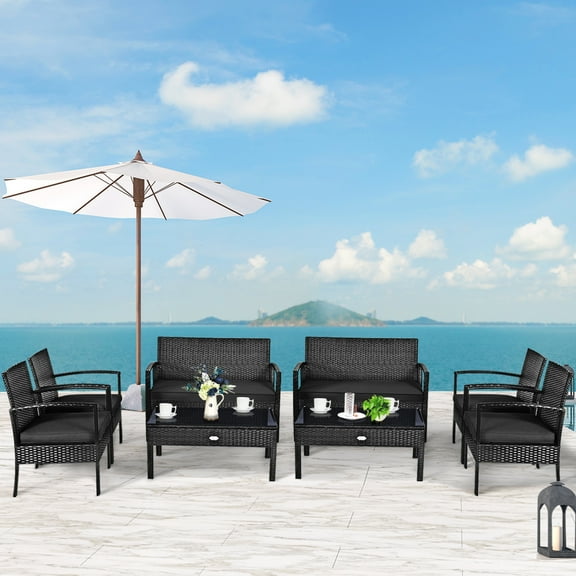Gymax Set Of 8 Outdoor Patio Rattan Furniture Set Cushioned Sofa Coffee Table Garden Deck