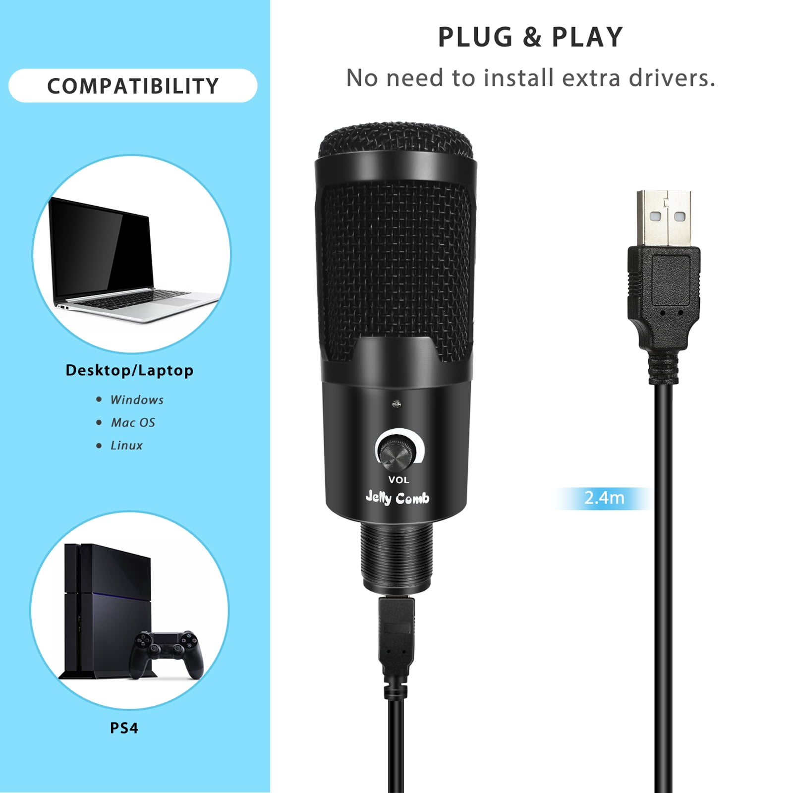 Microphone USB professionnel, 192KHZ/24Bit Plug And Play PC Ordinateur  Podcast Condensateur Coeur Métal Suspension Bras Support Spray Shield