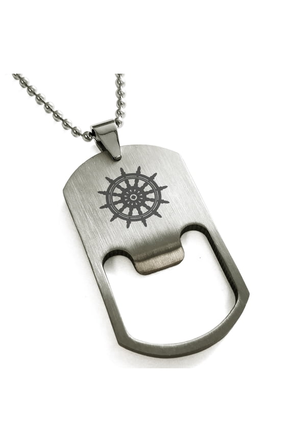 Stainless Steel Nautical Ship Helm Wheel Engraved Bottle Opener Dog Tag Pendant Necklace
