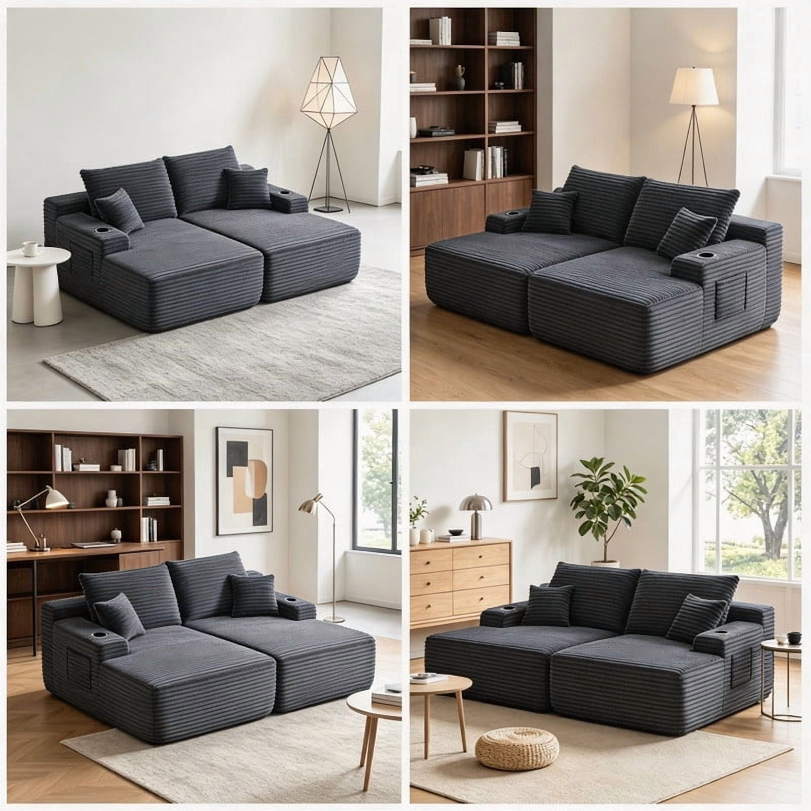 69" Double Chaise Lounge Chair Indoor, Boneless Sofa Bed with Cup Holder Loveseat Sleeper Reading Chairs Comfy Cloud Sofas Couches for Living Room No Assembly Required Plush Corduroy Grey