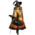 thumbnail image 6 of Halloween Dresses for Women, Long Sleeve V-Neck Halloween Midi Dress Graphic Printed A-Line Fancy Dress Witch Costume Outfit for Party Carnival, 6 of 6
