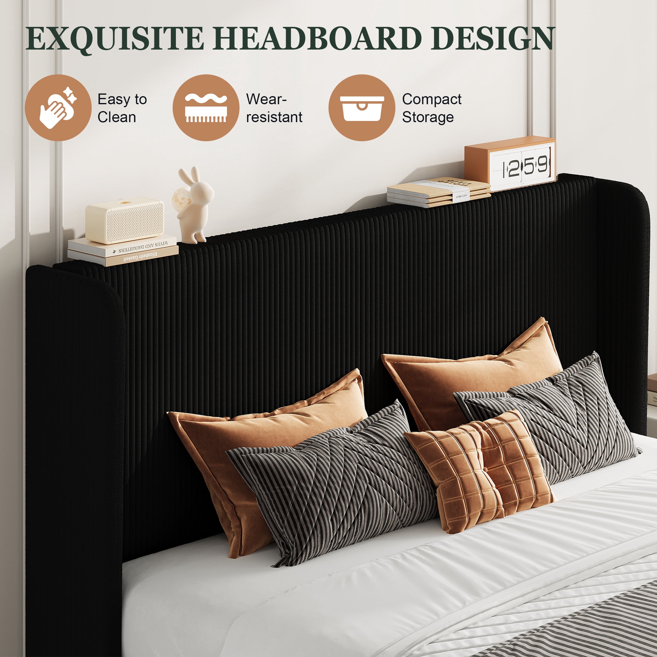 Amolife King Size Platform Bed Frame with Velvet Upholstered Wingback Headboard, Black