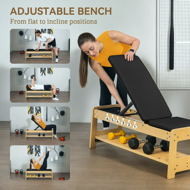 Soozier Adjustable Weight Bench with Dumbbell Rack, Wooden Flat or - Main Image