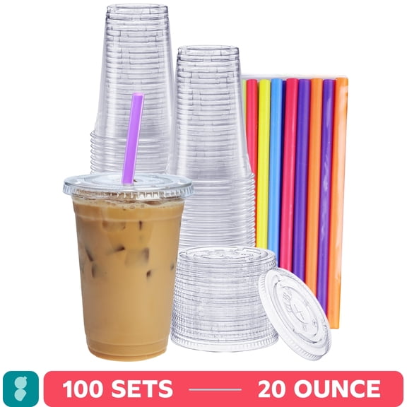 GUSTO 20 Oz Clear Plastic Cups with Flat Lids & Straws for Coffee, Slushie, Milkshakes, 100-Pack