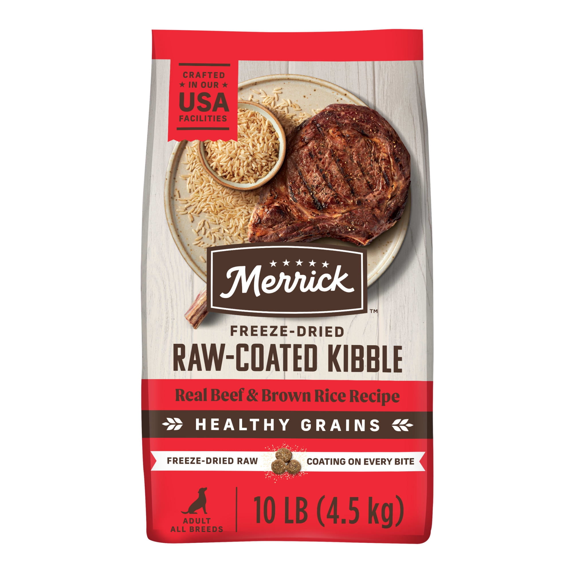 Merrick Healthy Grains Beef and Brown Rice, Raw Coated Kibble, Natural High Protein Freeze Dried Dog Food, 10 lbs.