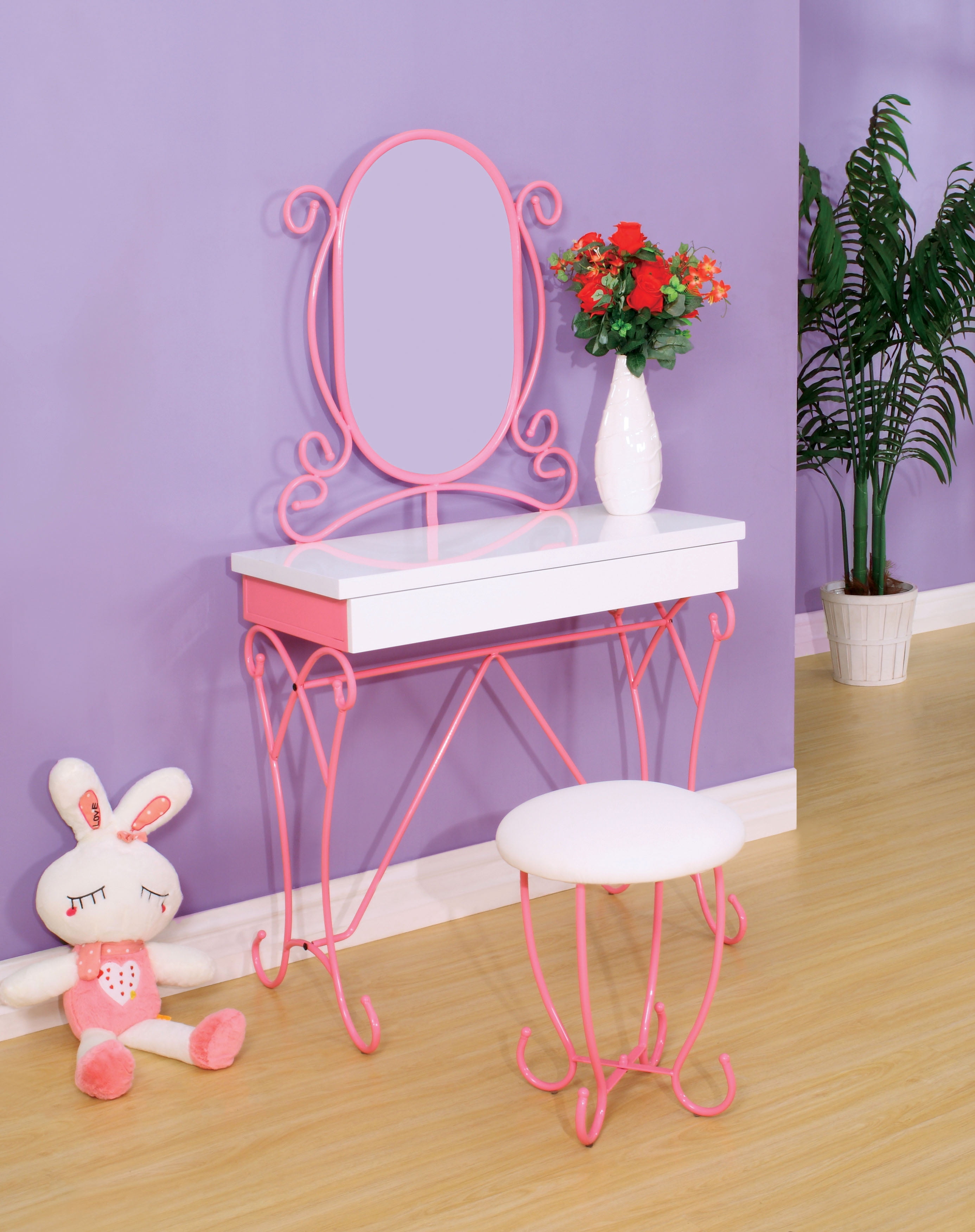 Furniture of America Patty Teen 3-Piece Makeup Vanity Set with Padded Stool, Pink