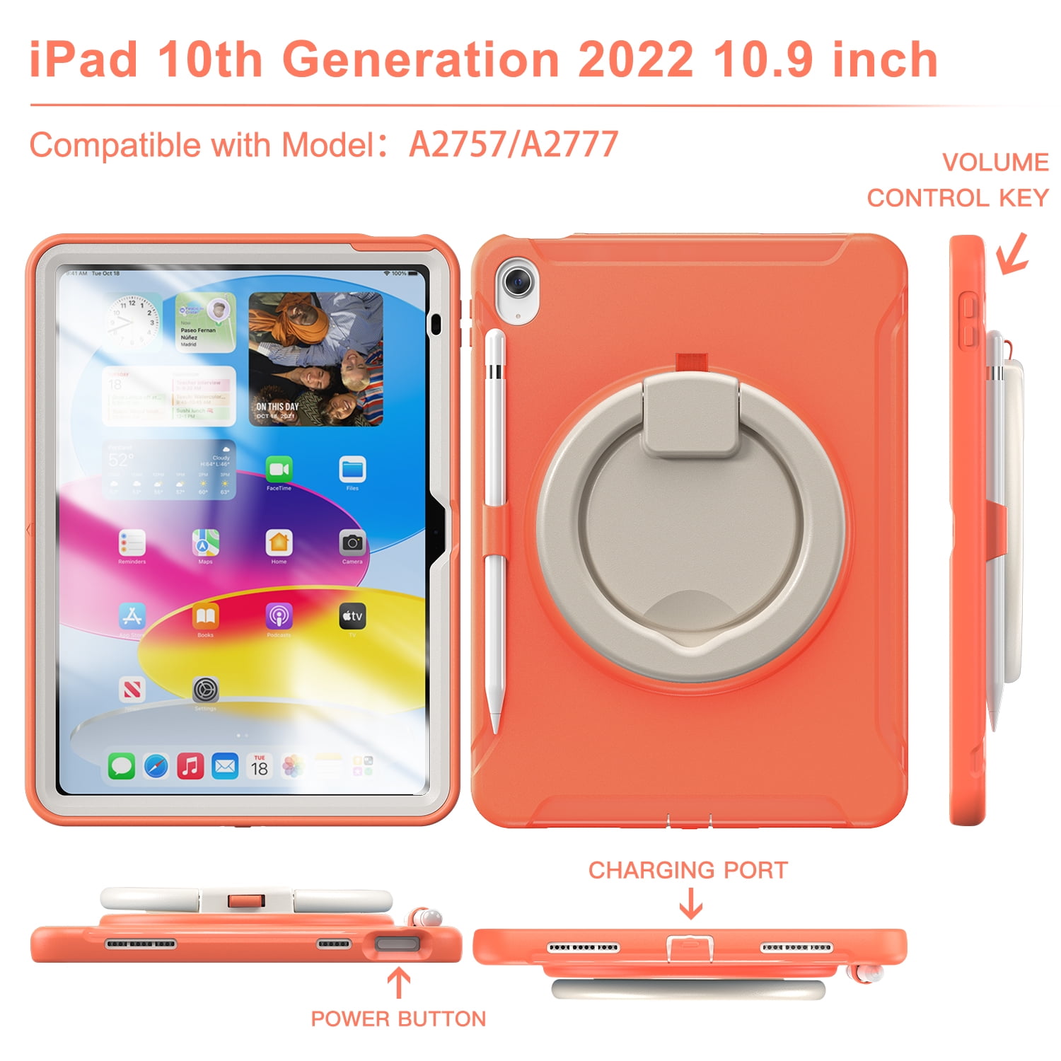 TECH CIRCLE for Apple iPad 10th Generation Case 10.9 inch 2022,360 Rotation Stand Heavy Duty Shockproof Rugged Soft Silicone Protective Case with Pencil Holder for Kids Girls Women,Light Blue