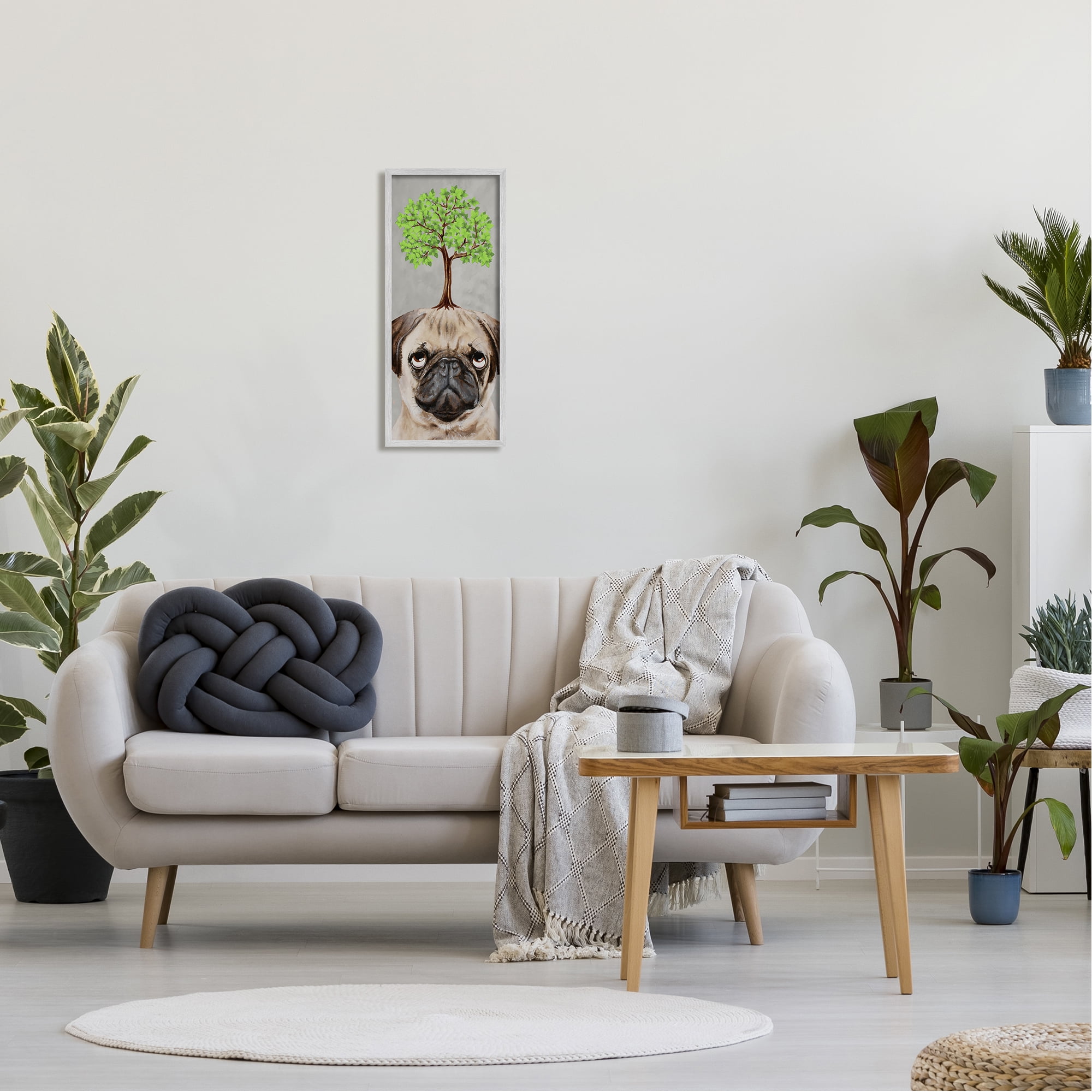 Stupell Industries Pug Growing Tree Portrait Animals & Insects Painting Gray Framed Art Print Wall Art