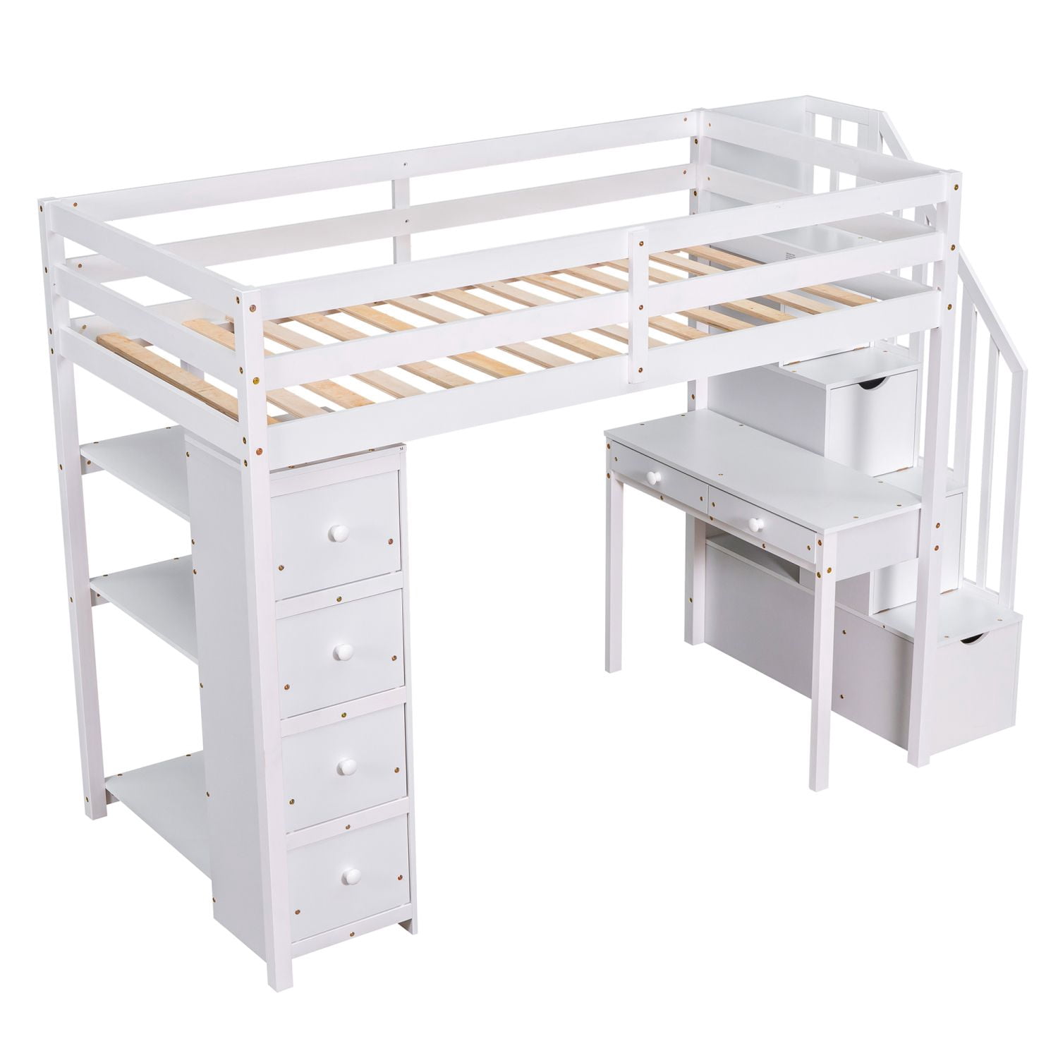 Asteroutdoor Twin Size Loft Bed with Storage Drawers, Desk and Stairs, Wooden Loft Bed with Shelves - White