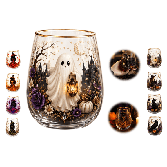 Halloween Ghost Floral Themed Wine Glass with Gold Rim, Decorative Drinking Glass, Elegant Glass Cup for Cold Drinks, 4.2*2.7 Inch, Ideal Gift for Festival