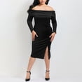 thumbnail image 3 of AURA Off Shoulder Bodycon Knit Midi Dress High Waist Slit Long Sleeve Solid Black S-XL, 3 of 6