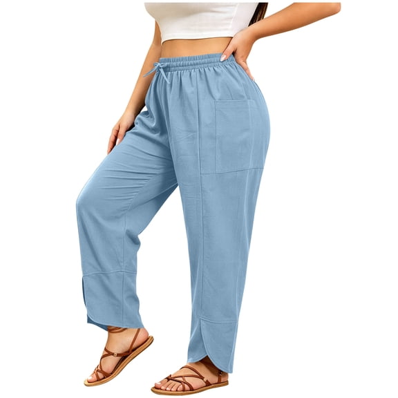 Admvng Womens Plus Size Pants Cotton and Linen Summer Casual Drawstring Waist Comfy Pants