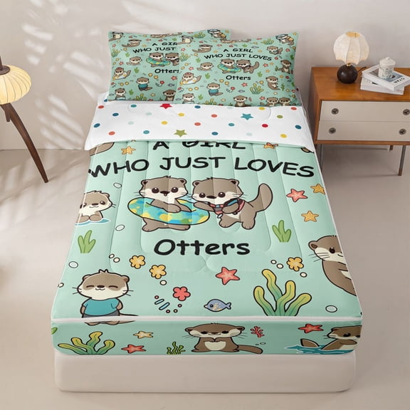 Manfei Cartoon Otter Zipper Twin Comforter Sets with Fitted Sheet and 2 Pillowcases for Kids Boys and Girls, A GIRL WHO JUST LOVES Otters Print Zipper Bedding Set, Polka Dots Reversible, 4pcs