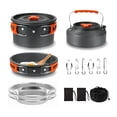 thumbnail image 1 of Orange 2-3 Person Camping Cookware Set: Aluminum Alloy Pot with Lid, Frying Pan, 1.1L Kettle, Stainless Steel Plates & Utensils – Foldable Handles, Nesting Design, Mesh Storage Bag for Outdoor, 1 of 6