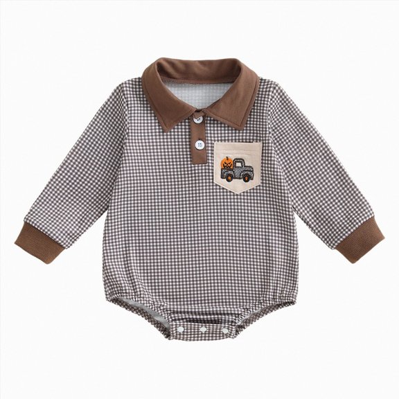 mgoYE Newborn Baby Boy Halloween Clothes Pumpkin Embroidery Polo Romper Onesie Jumpsuit My First Halloween Baby Boy Outfit|Brown,12-18 Months