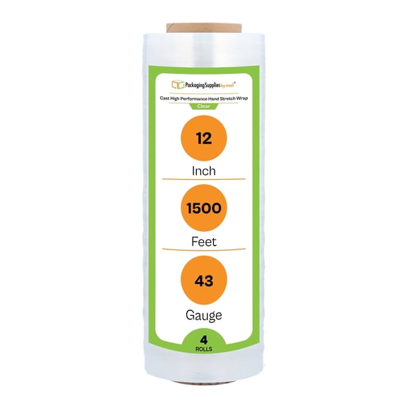 PSBM Hand Stretch Wrap 12" x 1500' 4 Rolls 43 Gauge Clear Plastic Shrink Film for Moving Packing and Wrapping
