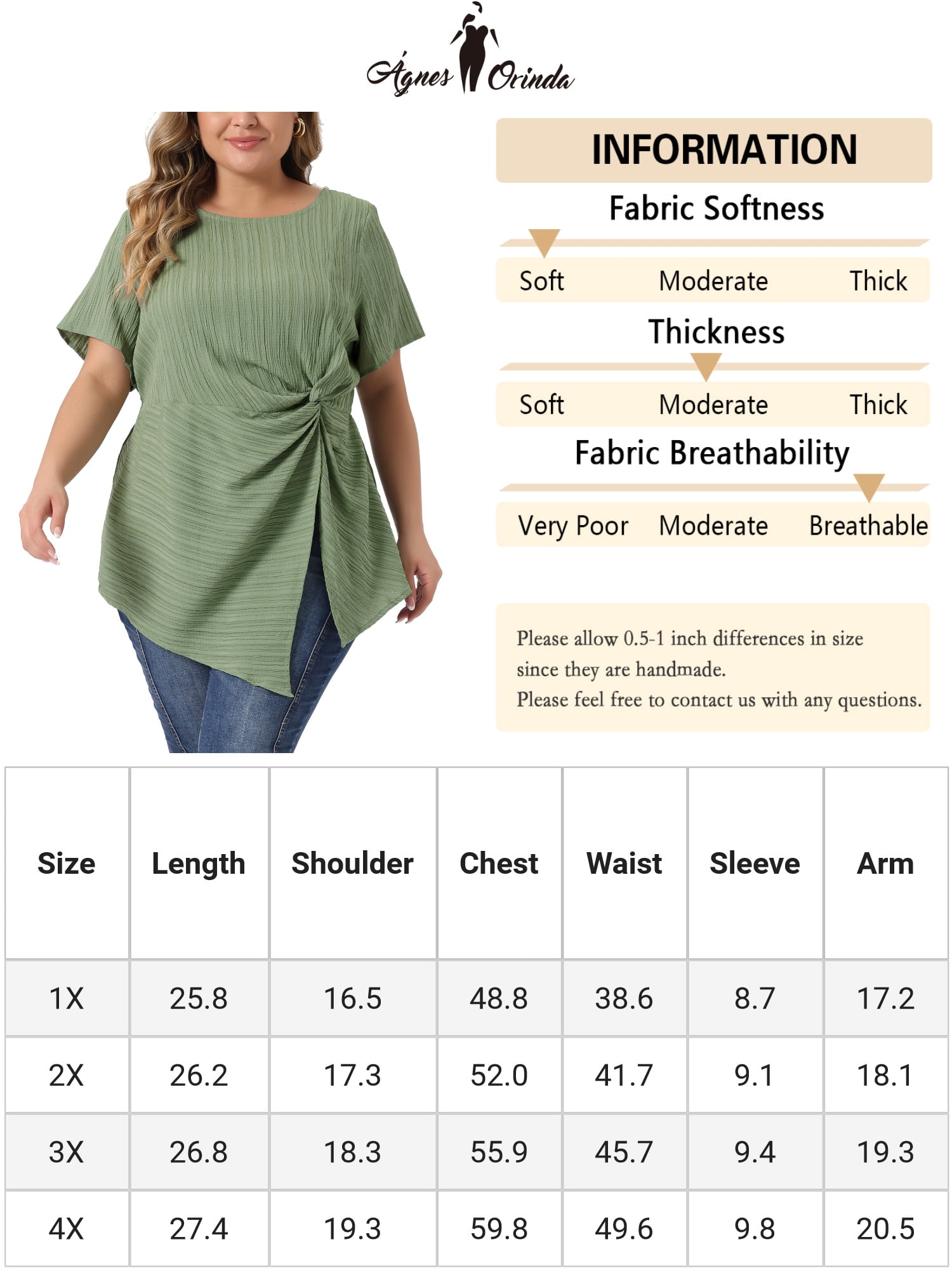 Unique Bargains Women Plus Size Asymmetrical Hem Round Neck Short Sleeve Twist Knot Top 2X Green