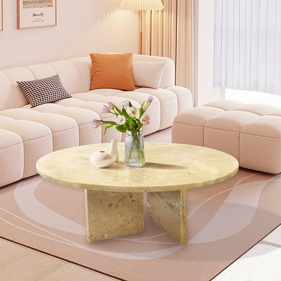 MDQMD Modern Natural Marble Coffee Table,27.6''Real Marble Round Center Table for Living Room,Coffee Table for Home,Yellow Beige