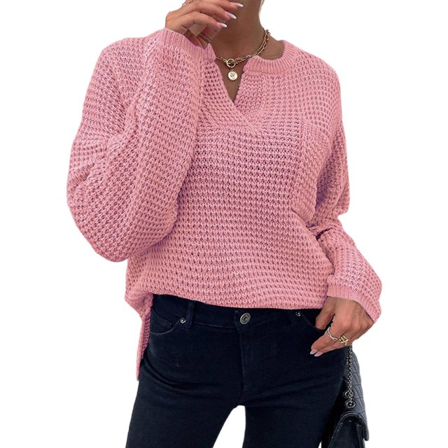 Innerwin Knitted Sweaters Long Sleeve Women Sweater Work V Neck Knitwear Pullover Pink S