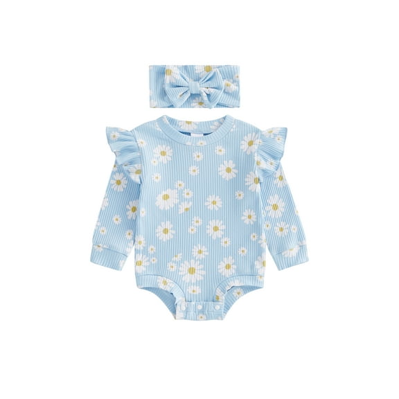 FeMereina Baby Girl Fall Outfit, Daisy Ruffle Long Sleeve Ribbed Romper Headband