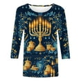 thumbnail image 4 of Hanukkah Pajama Tops for Women Plus Size 3/4 Sleeve Menorah Print T-Shirt,Loose Fit Crewneck Tops for Family, 4 of 5