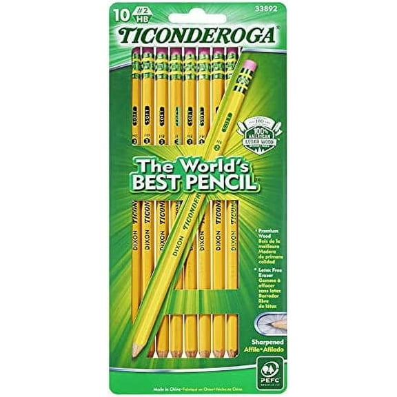TICONDEROGA Pencils, Wood-Cased, Pre-Sharpened, #2 HB Soft, Yellow, 10 Count (X33892)