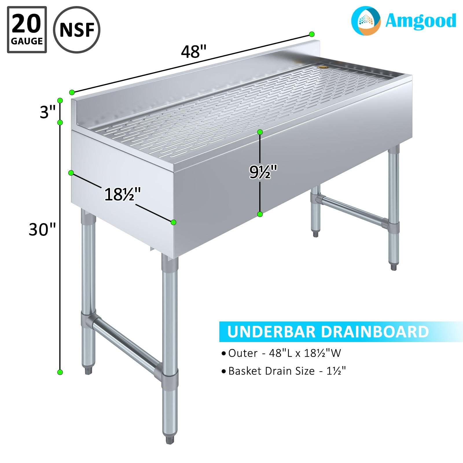 Underbar Stainless Steel Drainboard 18-1/2 in. x 48 in. x 30 in. H with 3 in. Backsplash