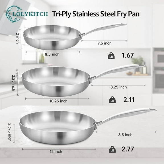 Tri-Ply Stainless Steel Frying Pan Set, 3-Piece (8 10 12 Inch) Stainless Steel Cookware, Induction Compatible Skillets for All Stovetops, Dishwasher Safe Pans