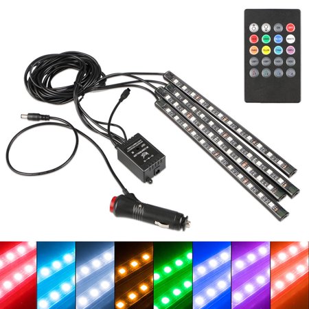 Strip Car - 4-pack 12 LED Car Interior Atmosphere Neon Lights Waterproof Lamp Strip Music Control + IR Remote Controller