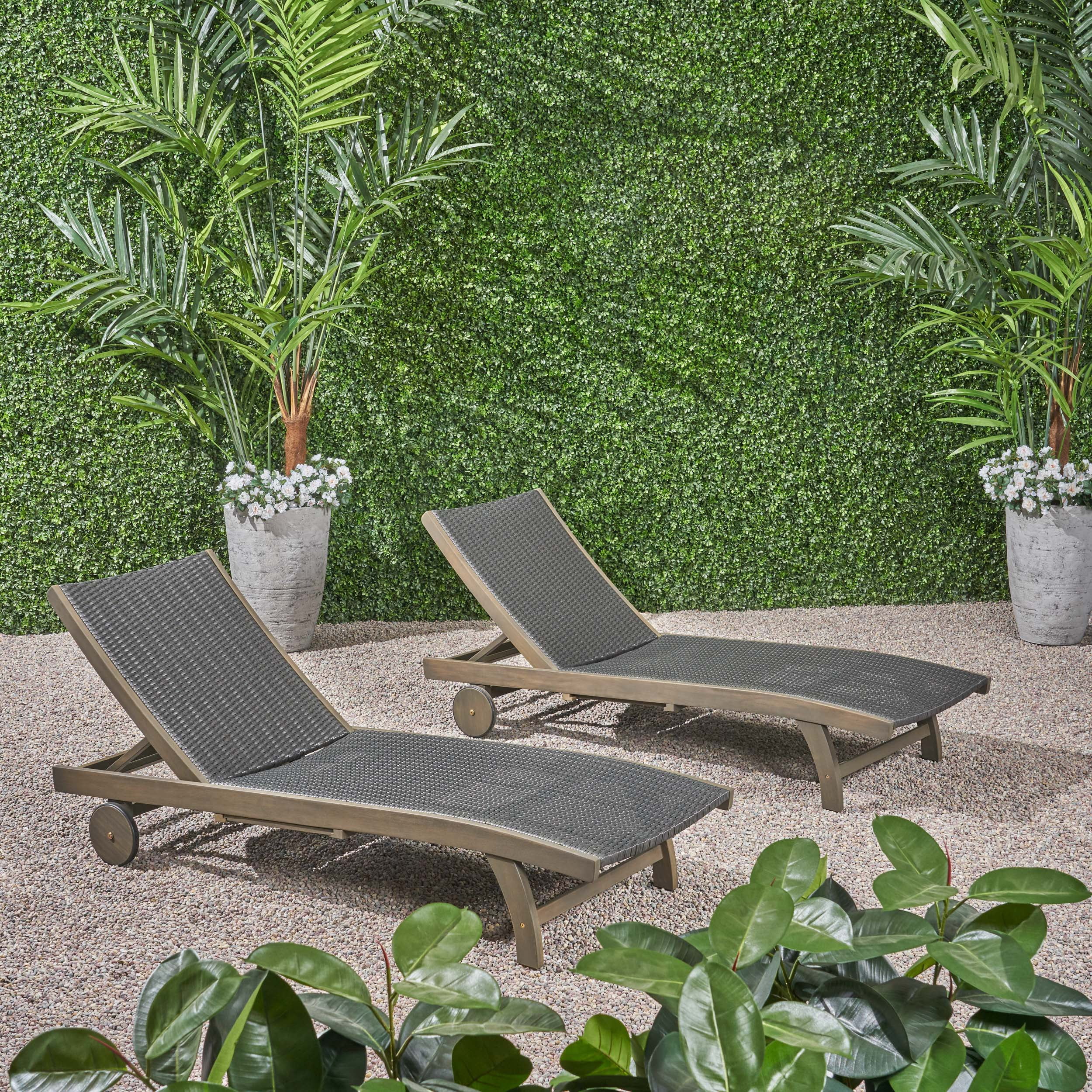 Outdoor Double Seat Chaise Lounge Set of 2 with Side Tray, Leisure Recliner Chairs for Patio Garden, Gray