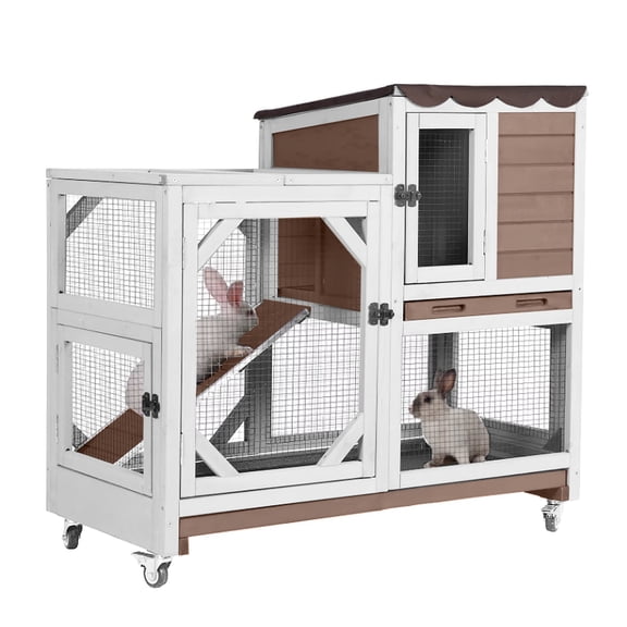 Aivituvin Rabbit Cage Indoor Outdoor Bunny Hutch on Wheels, 2 Story Wood Guinea Pig Cages with 2 Deeper Pull Out Trays