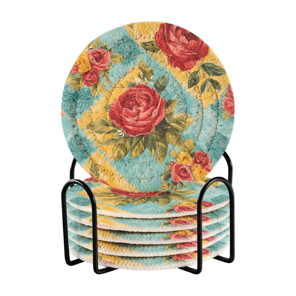 WOBOGO Vintage Rose Quilt Chart Coil Coasters Set of 6 Minimalist Cotton Woven 3.94 inch Non-Slip Insulated and Absorbent Home Accessories.