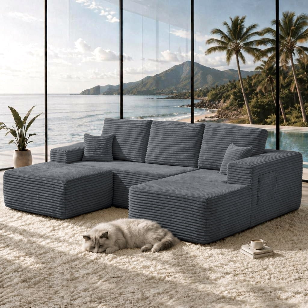 Cloud Sectional Sofa 104 Inch, U-Shape Modular Couch with Side Pockets and Deep Seating, Upholstered Living Room Sofa, No Assembly Required, Grey, Right Chaise
