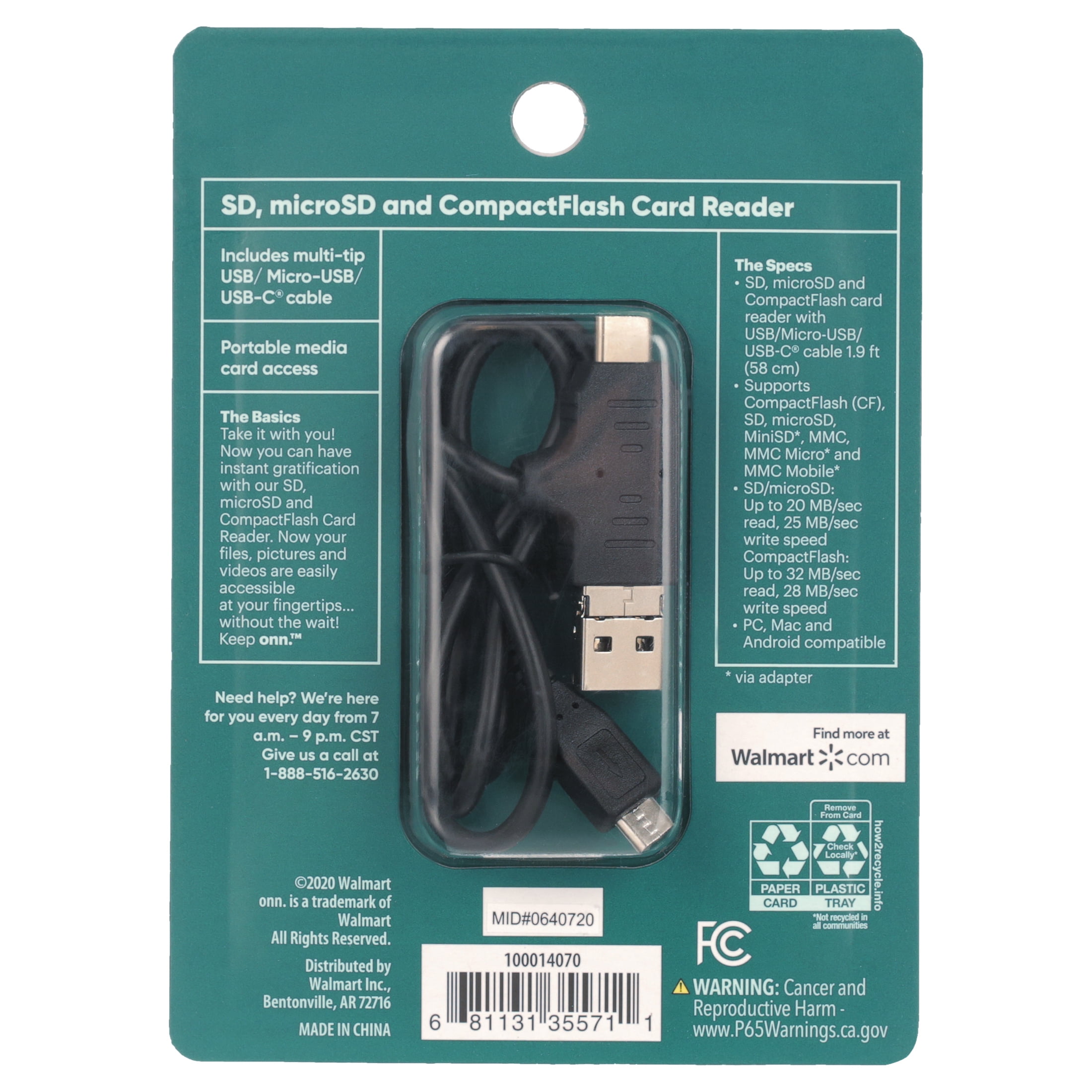 onn. SD, microSD and CompactFlash Card Reader