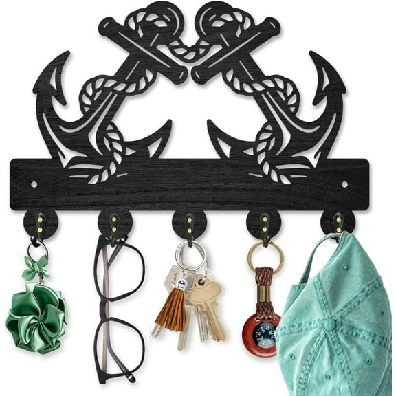 Anchor Helm Wood Key Holder for Wall Nautical Sailor Rope Wall Mounted Key Hooks 11.8×7.9inch Coat Hanger Rack with 5 Alloy Hooks for Entryway Front Door Kitchen Office Decoration