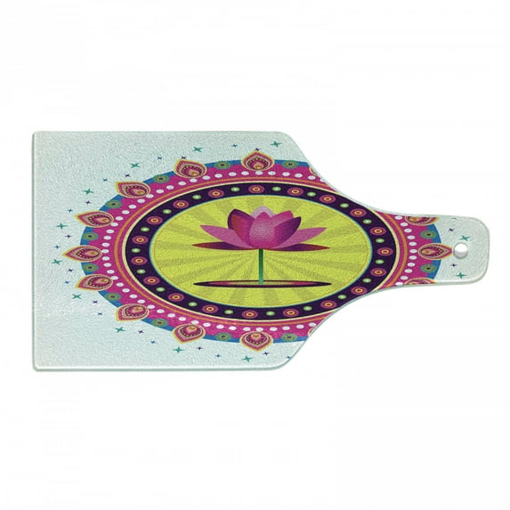 Lotus Flower Cutting Board, Circular Mandala Inspired Motif a Pinkish Blossom Boho, Decorative Tempered Glass Cutting and Serving Board, Wine Bottle Shape, Multicolor, by Ambesonne