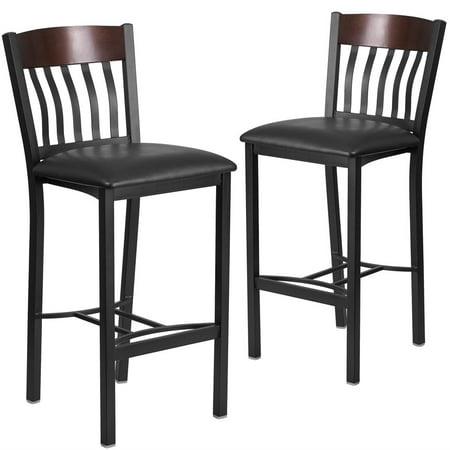 - 2 Pk. Eclipse Series Vertical Back Black Metal and Walnut Wood Restaurant Barstool with Black Vinyl Seat