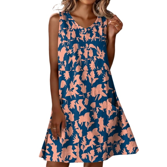 A-Line Dresses for Womens Wrap Dress Floral Sleeveless Fashion Casual Summer Wedding Guest V Neck Sundress with Pockets