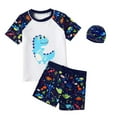 thumbnail image 1 of Hiiyo Boys 3Pcs Swimsuit Cartoon Dinosaur Print Short Sleeve Rashguard Shorts Hat Set, 1 of 3