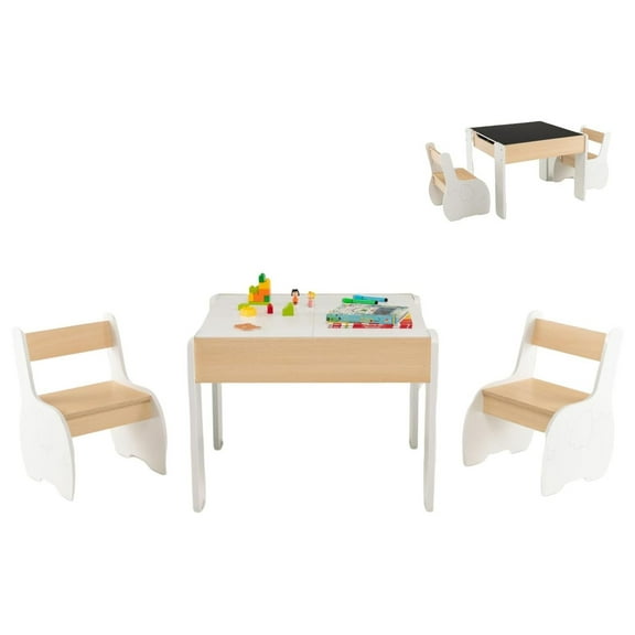Kids Table and Chair Set, 4-in-1 Wooden Activity Table with 2 Chairs, Reversible Blackboard, Toddler Furniture for Art & Play, Gift for Ages 3-6 (Natural)
