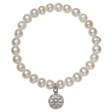 7-8mm Cultured Freshwater Pearl and CZ Encrusted Sterling Silver Flower Charm Stretch Bracelet, 7.5
