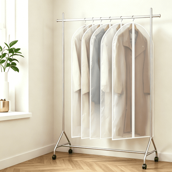 5 Pack Clear Hanging Garment Bags, Washable Waterproof Clothes Dust Cover with Full Zipper, Suit Coat Protector for Home Closet Storage