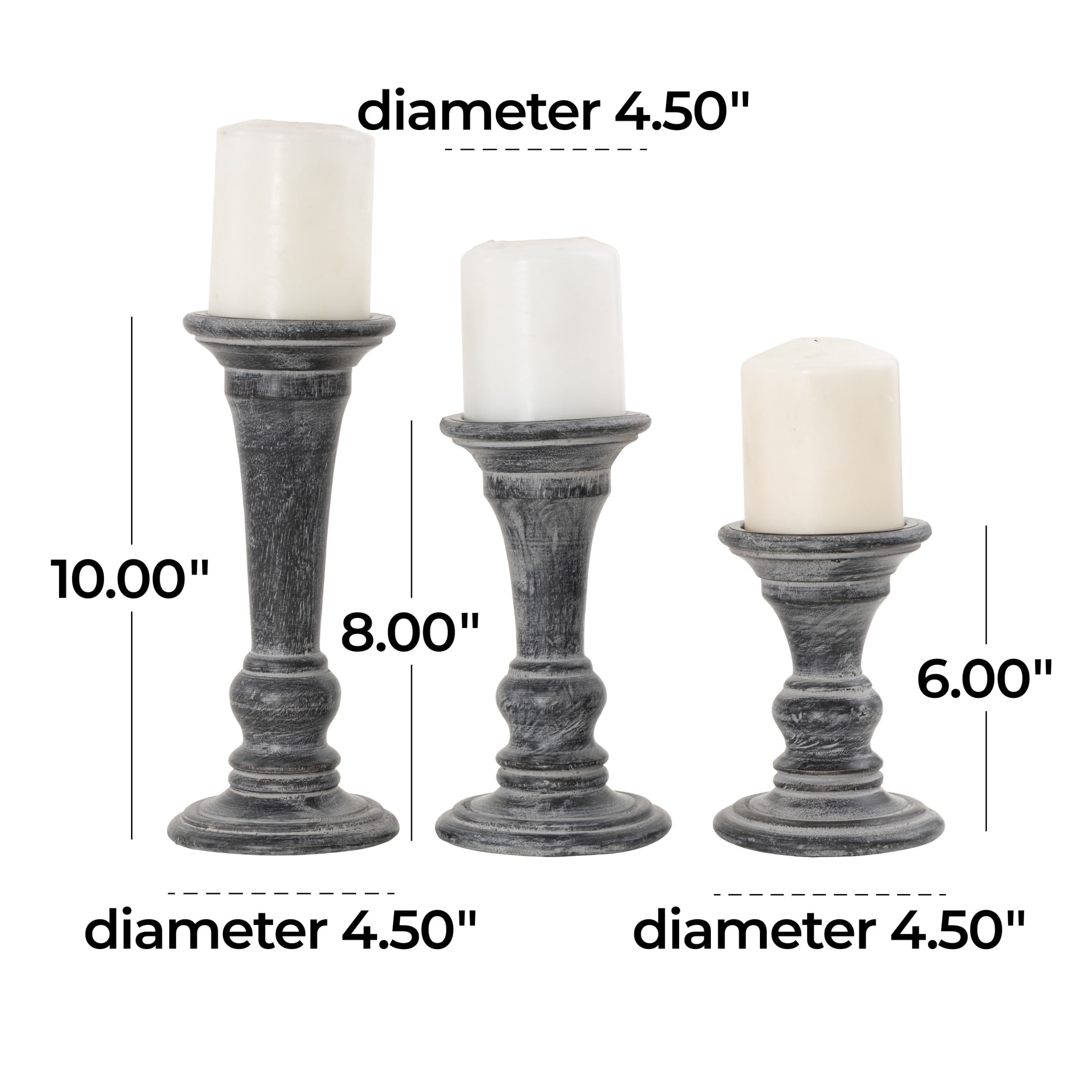 DecMode 3 Candle Black Mango Wood Whitewashed Turned Candle Holder, Set of 3