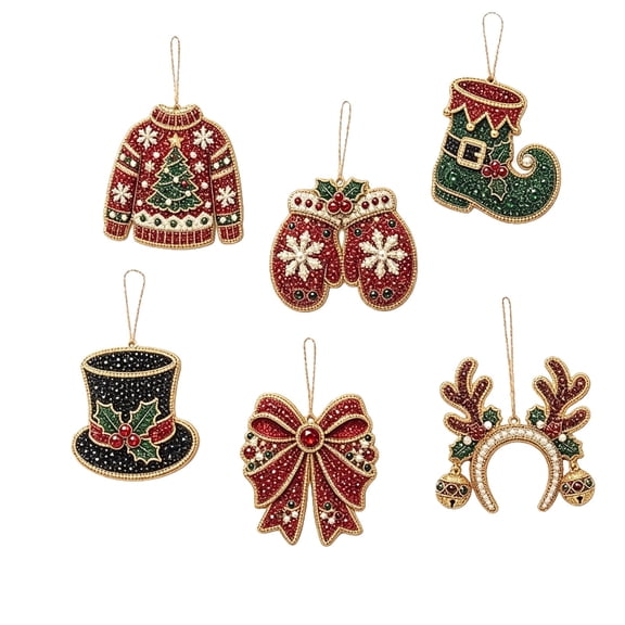 Hovilon 6PCS Christmas Wooden Ornaments DIY Pearl Kit, 6 Festive Designs Wood Pendant Style Holiday Tree Decor, DIY Painting of Diamond Craft Set for Home Decoration and Handmade Gift