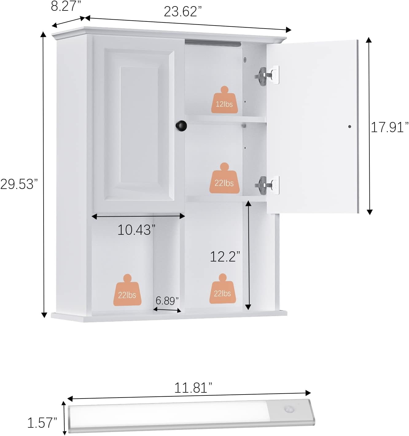 HAIOOU Bathroom Wall Cabinet with Motion Sensor LED Light, Over Toilet Storage Cabinet with Buffering Hinges and Adjustable Shelf (White)