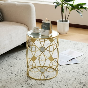 Arbor Modern Glam Round Mirror Side Table, Metal, Gold